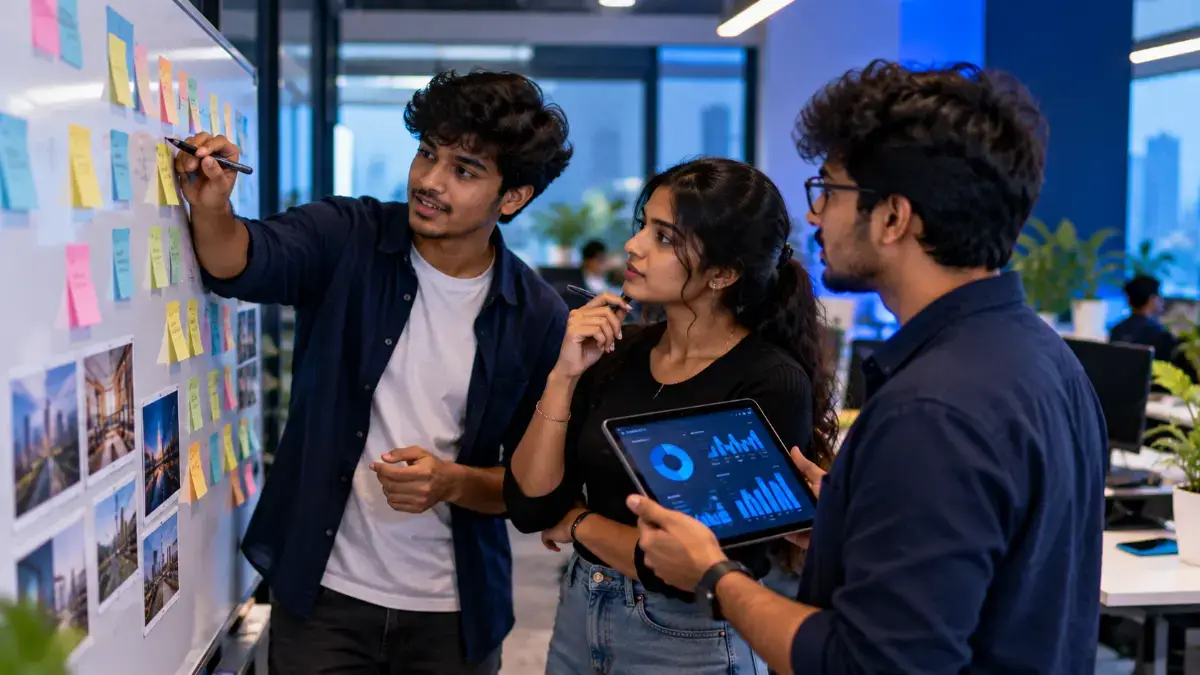 Interns planning a content calendar at a whiteboard