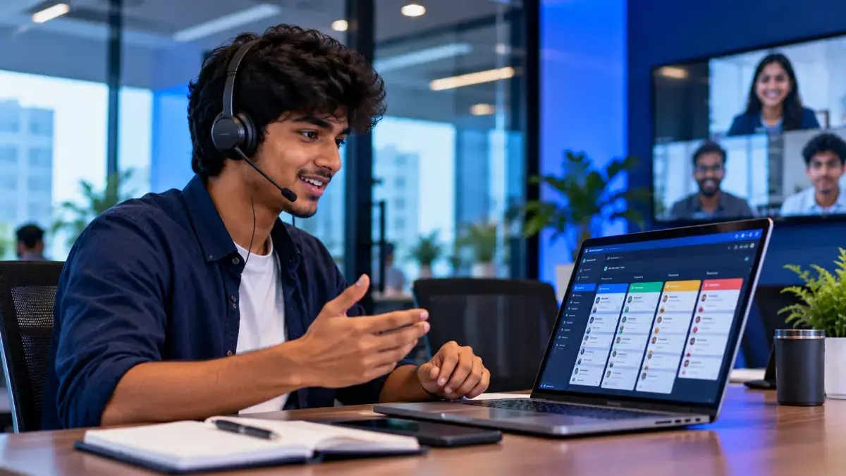 An intern on a client call with a CRM on screen